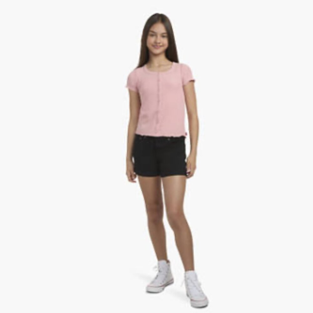 Levi's Girls' Kids Girlfriend Black Cuffed Hem Stretch Midrise Shortie Short 10 - Picture 7 of 13